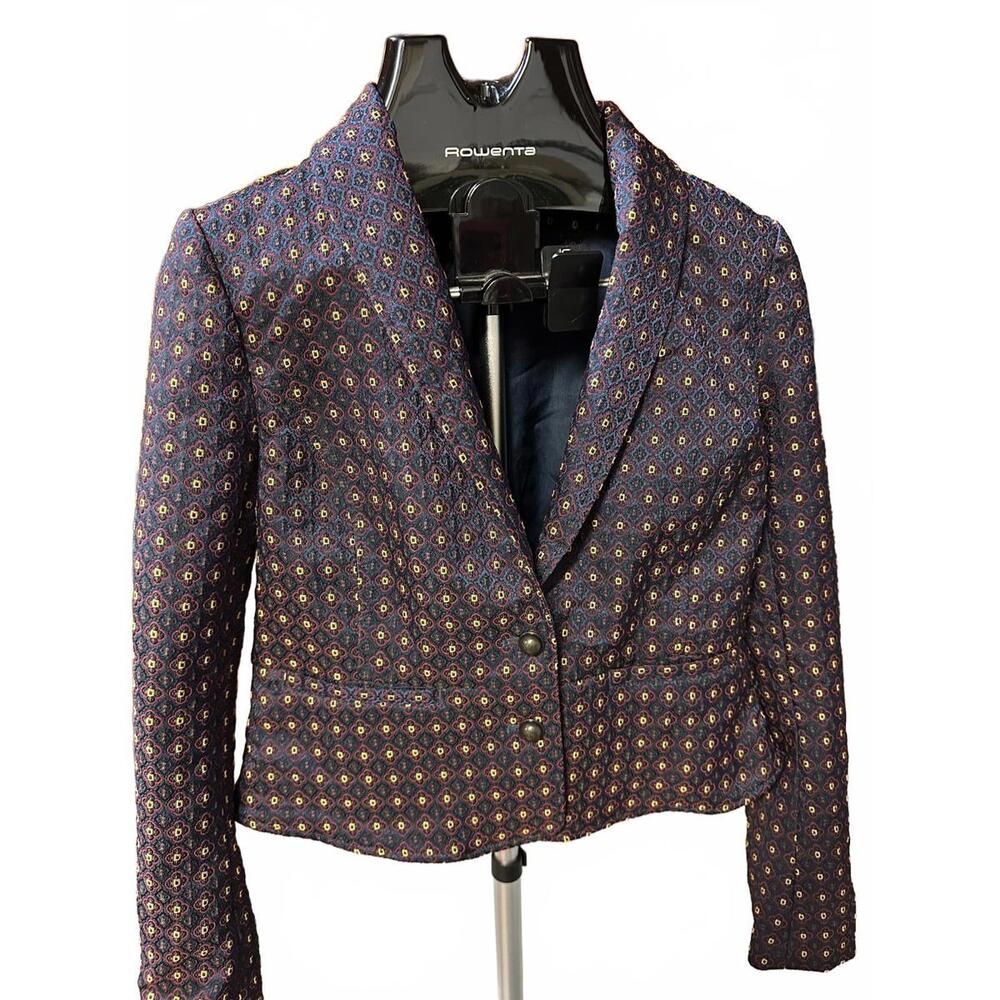 Free People Brocade Jacquard Blazer – Boho Floral Medallion, Navy Multicolor